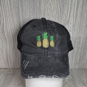 Black Distressed Denim Trucker Cap with Pineapple Embroidery